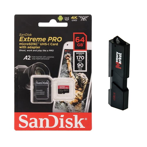 Dual SanDisk Extreme 64GB microSDXC UHS-I Memory Cards 2 Cards Bundle with High Speed Memory Card Reader & Memory Card Wallet